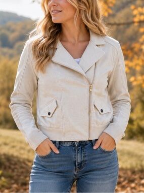 Grey State Cream Cotton Moto Jacket Asymmetrical Zip Ribbed Casual Utility